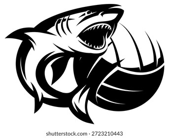 Logotipo dinámico en blanco y negro con un amenazador tiburón mordiendo agresivamente en un voleibol, perfecto para Equipos deportivos.