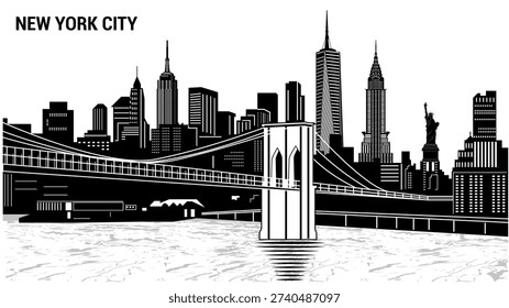 Dynamic black and white New York skyline vector featuring iconic landmarks, perfect for travel promotions, posters, branding, educational materials, souvenirs, websites, and digital design projects.