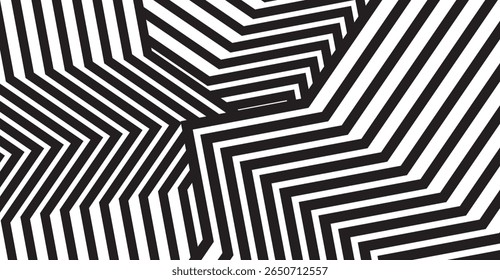 A ilusão ótica dinâmica em preto e branco exibe uma série de ziguezags geométricos e linhas paralelas, criando um efeito cativante de labirinto que estimula a percepção visual e a percepção espacial