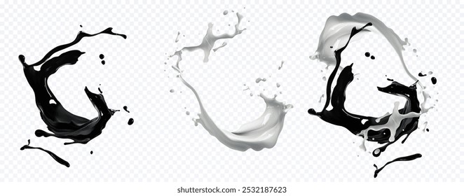 Vectores dinámicos de pintura en blanco y negro salpican en medio de una colisión aérea. Movimiento líquido Abstractas con alto contraste, ideal para Elementos de diseño, packaging, publicidad o proyectos de arte moderno. Vector