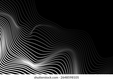 Fundo abstrato da tecnologia de pontos de onda de partícula branca e preta dinâmica. Design futurista com efeito de movimento e profundidade e espaço de cópia.