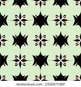 Dynamic black and white pattern, enlivened by vibrant red dots, evoking a whimsical peppermint motif an amalgamation of art nouveau and art deco influences.