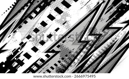 Dynamic black and white racing abstract vector with halftone dots, grunge splashes, and sharp geometric lines. Perfect for motorsport, wraps, and extreme sports designs.