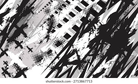 Dinámico fondo de carreras en blanco y negro. Textura grunge con puntos semitonos y líneas afiladas. Ideal para jersey deportivo, calcomanías de vehículos y diseños de arte urbano.