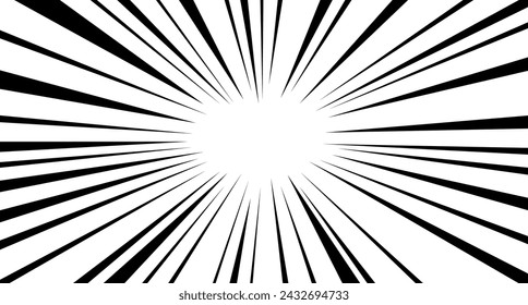 A dynamic black and white radial burst pattern with converging lines creating a sense of rapid movement or explosion from the center.