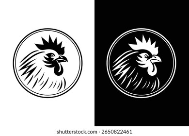 Logotipo de cabeça de galo preto e branco dinâmico em uma estrutura circular, perfeito para marca de comida ou fazenda