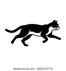 Dynamic black and white silhouette of a cat running while holding prey in its mouth. Isolated on white background. Ideal for logos, designs, and hunting themes.