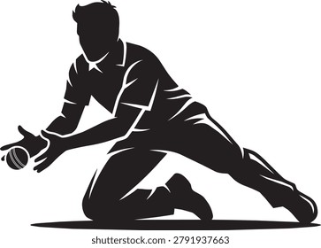 A dynamic black and white silhouette image of a cricket player making an intense dive to catch a ball. The athlete is fully focused, showcasing determination and agility in a classic cricket action shot. Perfect for sports, action, and athletic stock needs.