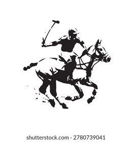 A dynamic black and white silhouette of a polo player on a galloping horse, swinging a mallet with energetic splatters, depicting the intensity of the sport.