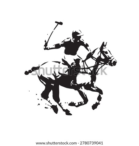 A dynamic black and white silhouette of a polo player on a galloping horse, swinging a mallet with energetic splatters, depicting the intensity of the sport.