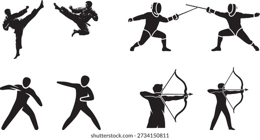 Conjunto dinámico de siluetas en blanco y negro de atletas de artes marciales, esgrima y tiro con arco en poses de acción para conceptos deportivos y de competencia.