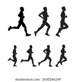 Dynamic black and white silhouettes of male runners embodying teamwork and fitness. Ideal for projects promoting athleticism and healthy living.