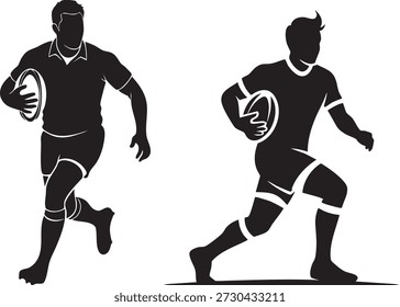 Dynamic black and white silhouettes of two rugby players running with the distinctive oval ball, depicting the power and agility of the sport.