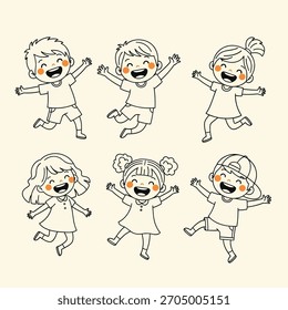 A dynamic black and white sketch or illustration of children joyfully jumping together, capturing movement and freedom.