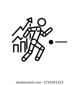 Dynamic black and white stick figure illustration of a runner crossing the finish line first, symbolizing victory, speed, and achievement in sports.