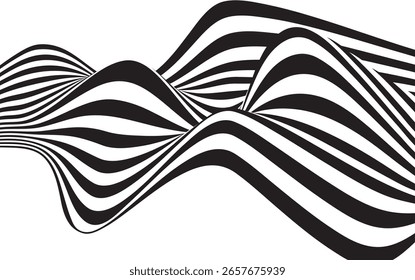 Dynamisches schwarz-weiß gestreiftes Wellenmuster, das eine flüssige optische Täuschung bildet. Abstrakte fließende Linien, ideal für moderne Kunst, Hintergründe, Bewegungsgrafiken oder visuelles Identitätsdesign.