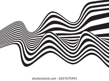 Dynamic black and white striped wave pattern forming a fluid optical illusion. Abstract flowing lines ideal for modern art, backgrounds, motion graphics, or visual identity design.