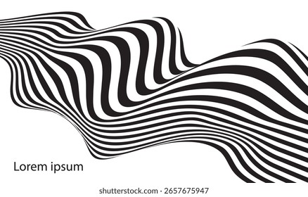 Dynamic black and white striped wave pattern forming a fluid optical illusion. Abstract flowing lines ideal for modern art, backgrounds, motion graphics, or visual identity design.