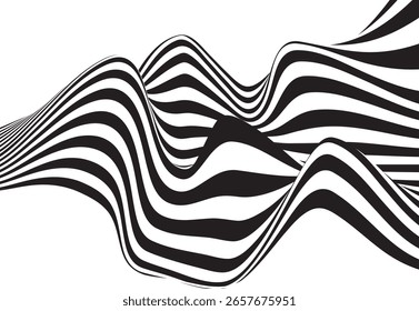 Patrón dinámico de ondas rayadas en blanco y negro que forma una ilusión óptica fluida. Líneas fluidas Abstractas ideales para el arte moderno, fondos, Gráficos para video o diseño de identidad visual.