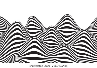 Dynamisches schwarz-weiß gestreiftes Wellenmuster, das eine flüssige optische Täuschung bildet. Abstrakte fließende Linien, ideal für moderne Kunst, Hintergründe, Bewegungsgrafiken oder visuelles Identitätsdesign.