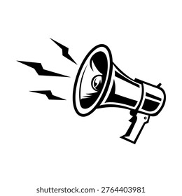 Dynamic black and white stylized megaphone illustration with sound waves, symbolizing urgent announcements, public address, communication, and attentiongrabbing marketing messages.