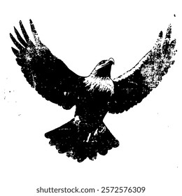 dynamic black and white vector of an eagle mid-flight, with textured wings and sharp detailing, capturing a sense of power and freedom in a bold graphic style