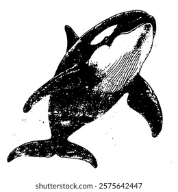 dynamic black and white vector illustration of an orca, capturing its graceful movement and detailed textures for a striking marine design.