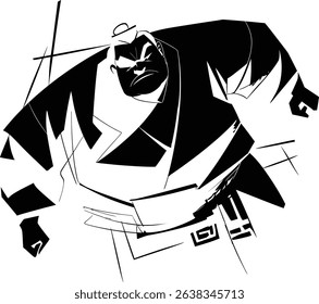 Dynamic black and white vector illustration of a powerful samurai warrior in a bold, abstract style. The stylized design features strong lines, angular shapes, and expressive movement, ideal for comic