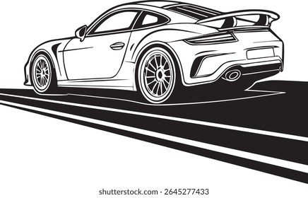 A dynamic black and white vector illustration of a modern sports car. Shown from a rear three-quarter view on a road, this bold line art highlights its sleek design and large rear spoiler.