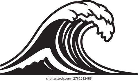 Dynamic black and white vector illustration of a powerful wave breaking near the shore, capturing raw energy and motion.