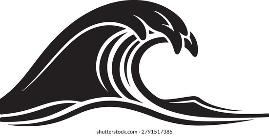 Dynamic black and white vector illustration of a strong ocean wave breaking with force and motion.
