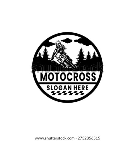 A dynamic black and white vector illustration depicting a dirt bike rider executing a sharp turn within a circular badge featuring forest scenery and bold motocross typography.
