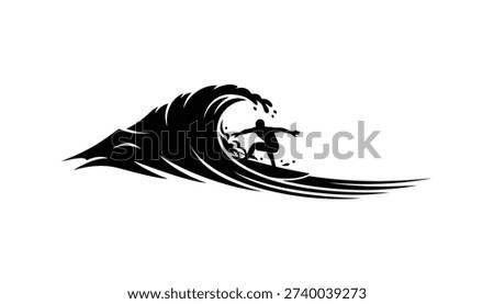 A dynamic black and white vector illustration of a surfer in action on a surfboard, carving through a powerful, cresting wave. The minimalist graphic is isolated on a white background.
