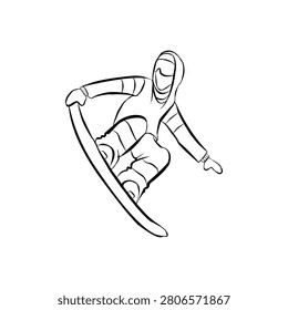 A dynamic black and white vector line art illustration of a snowboarder performing a high jump or grab in mid-air. The athlete is fully equipped in winter gear, including a hooded jacket, snow pants, boots, gloves, and a face mask or goggles. Designed in a modern, minimalist outline style with a faceless character design, this graphic perfectly captures the thrill and movement of extreme winter sports. Ideal for winter resort branding, ski lodge logos, athletic apparel prints, t-shirt designs, snowboarding competition posters, and digital graphics.