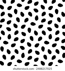 Dynamic black and white vector pattern with a chaotic arrangement of smooth, apple seed-like shapes. Suitable for fabric, posters, cards, invitations, wrapping paper, banners, and flyers.