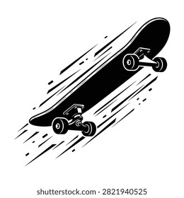 Dynamic black and white vintage style illustration of a skateboard with motion speed lines. Perfect for extreme sports logo design, t-shirt graphics, and urban culture backgrounds.