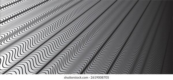 Distorsión dinámica de línea ondulada en blanco y negro con patrón de onda de agua que fluye.
