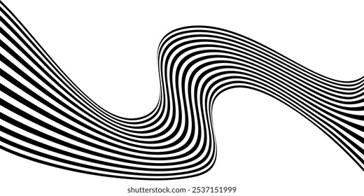 Dynamic black and white wavy lines create an abstract visual pattern