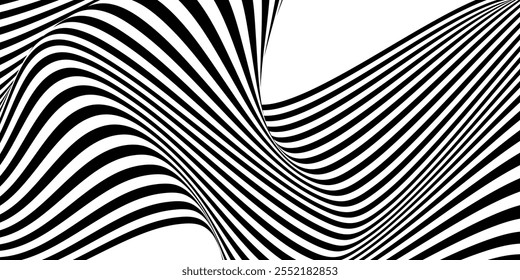 Linhas onduladas dinâmicas em preto e branco criam um padrão visual abstrato