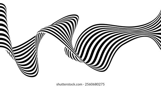 Dynamic black and white wavy lines create an abstract visual pattern