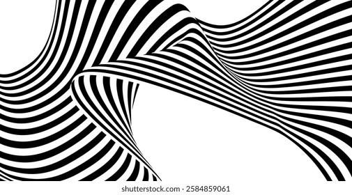 Dynamic black and white wavy lines create an abstract visual pattern