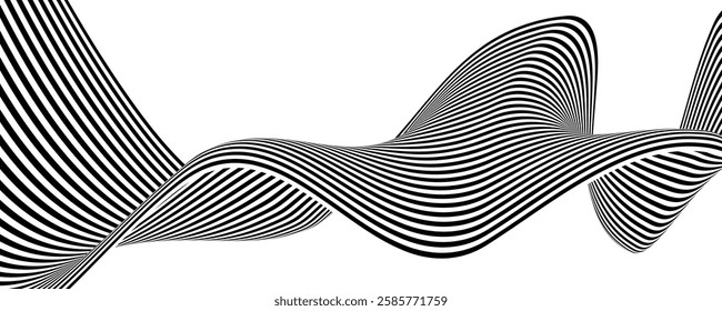 Dynamic black and white wavy lines create an abstract visual pattern