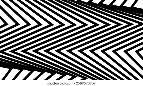 Dynamic black and white zigzag pattern with high contrast, creating an optical illusion effect. Perfect for backgrounds, textiles, graphic design, and abstract modern aesthetics.