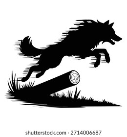 Lobo Negro Dinâmico Pulando Sobre Silhueta de Log