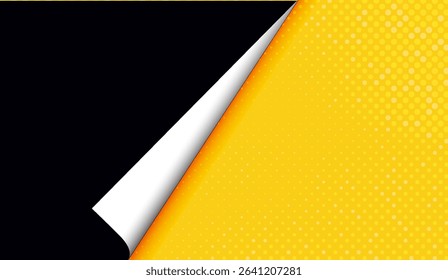 Dynamic Black and Yellow Page Curl Background with Halftone Dots for Versatile Design Applications and Creative Presentation Templates