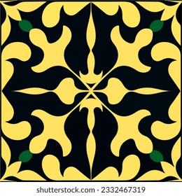 Dynamic black and yellow pattern adorned with lush green leaves, reminiscent of art nouveau floor patterns. This eye catching design, known as bargello, exudes a lively and vibrant charm.