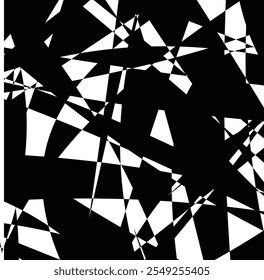 A dynamic black-and-white abstract design featuring sharp geometric shapes and intersecting lines. The chaotic arrangement of triangular and angular fragments creates a striking 