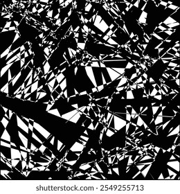 A dynamic black-and-white abstract design featuring sharp geometric shapes and intersecting lines. The chaotic arrangement of triangular and angular fragments creates a striking contrast, evoking them