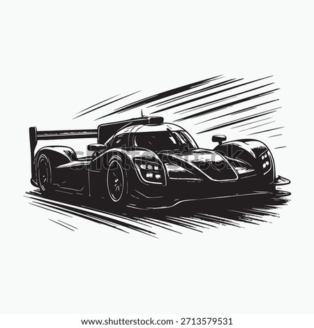 A dynamic black-and-white illustration of a high-performance endurance race car, showcasing sleek aerodynamic design, speed, and modern motorsport engineering