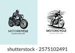 Dynamic black-and-white illustration of a person riding a motorcycle, showcasing speed and adventure